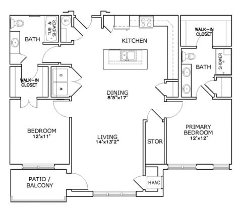 Floor plan for 2 beds, 2 baths, 1203 sqft